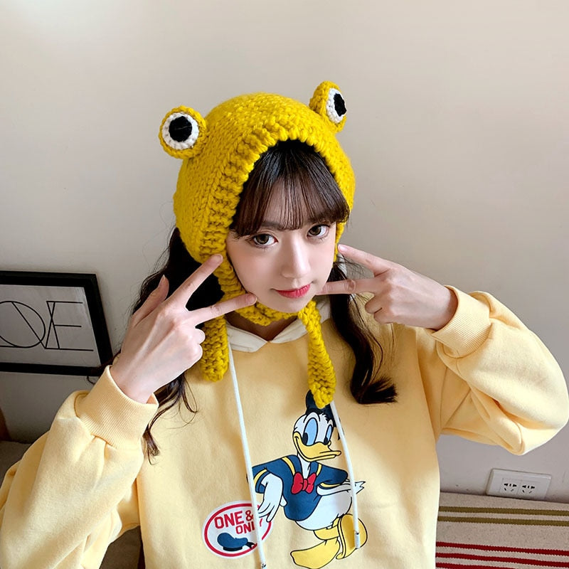 Fashion Frog Hat Beanies Knitted Winter Hat Solid Hip-hop Skullies Knitted Hat Cap Costume Accessory Gifts Warm Winter Bonnet