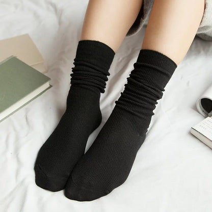 CHAOZHU  Japanese Korean High School Girls High Socks Loose Solid Colors Double Needles Knitting Cotton Long Socks For Women