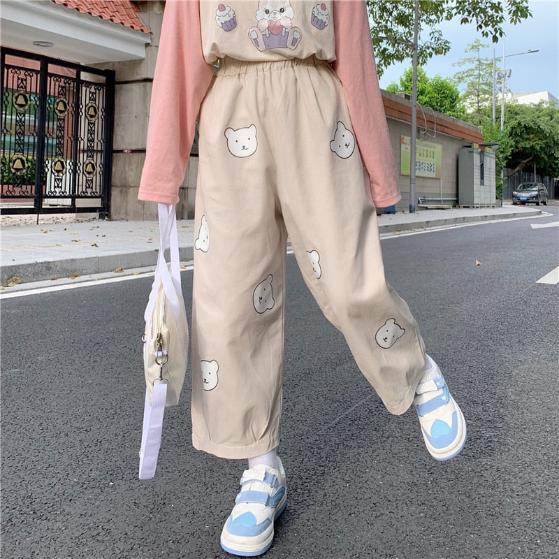 Japanese Kawaii  Soft Girl Cute Bear Printing Women Pants Basis Wild High Waist Loose Trousers Elastic Waist Casual Student Pant