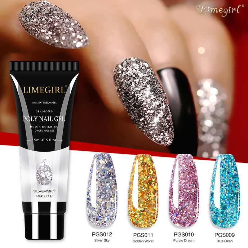 Limegirl 15ml Poly Nail Gel Glitter Building Nail Gel For Manicure Nail Art Design Luminous Polygels Extension Nail Gel For Nail