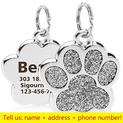 Personalized Dog Cat Tags Engraved Cat Dog Puppy Pet ID Name Collar Tag Pendant Pet Accessories Paw Glitter Pendant