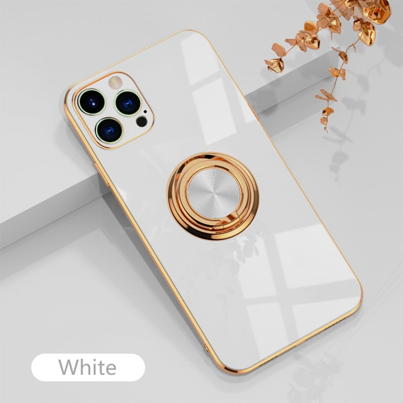 Luxury Plating Silicone Case For iPhone 14 13 12 11 Pro Xs Max Mini SE X XR 7 8 Plus Metal Ring Holder Stand Soft Phone Cover