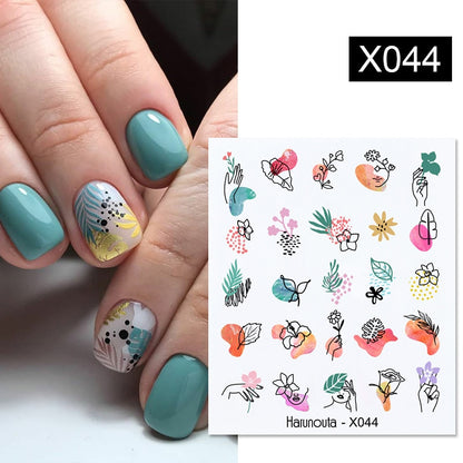 Harunouta Black Lines Flower Leaves Water Decals Stickers Floral Face Marble Pattern Slider For Nails Summer Nail Art Decoration