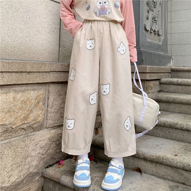 Japanese Kawaii  Soft Girl Cute Bear Printing Women Pants Basis Wild High Waist Loose Trousers Elastic Waist Casual Student Pant