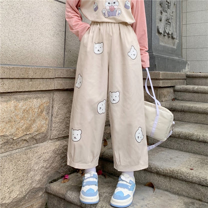 Japanese Kawaii  Soft Girl Cute Bear Printing Women Pants Basis Wild High Waist Loose Trousers Elastic Waist Casual Student Pant