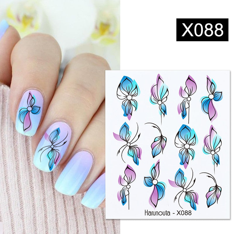 Harunouta Black Lines Flower Leaves Water Decals Stickers Floral Face Marble Pattern Slider For Nails Summer Nail Art Decoration