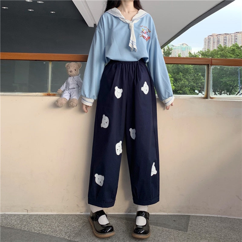 Japanese Kawaii  Soft Girl Cute Bear Printing Women Pants Basis Wild High Waist Loose Trousers Elastic Waist Casual Student Pant