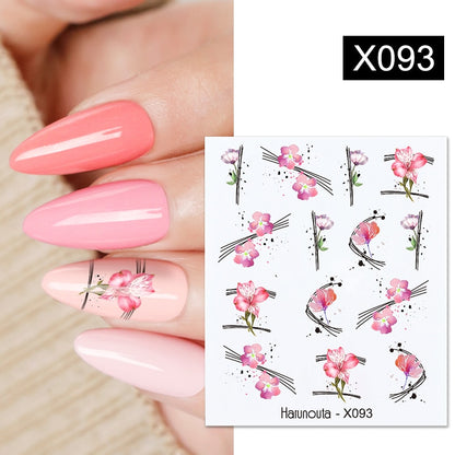 Harunouta Black Lines Flower Leaves Water Decals Stickers Floral Face Marble Pattern Slider For Nails Summer Nail Art Decoration