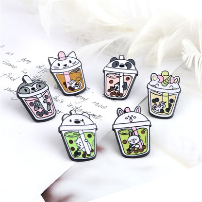 Cute Bubble Tea Enamel Pins Cartoon Milk Tea Brooch With Animals Panda Cats Unicorn Badge for Kids Jacket Backpack Jewelry Gifts