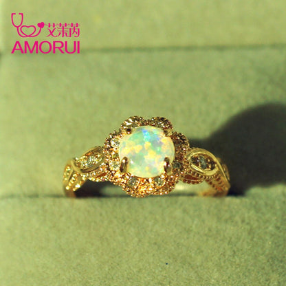 AMORUI Vintage Australian Crystal Flower Ring Female Anniversary Gift Jewelry Fashion Golden Opal Engagement / Wedding Rings