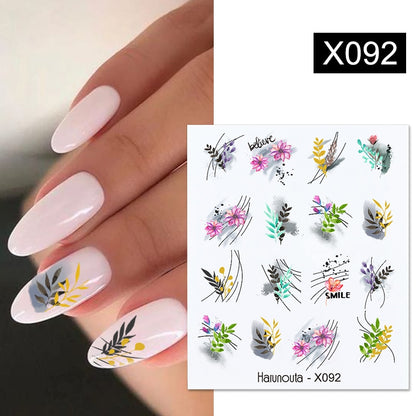 Harunouta Black Lines Flower Leaves Water Decals Stickers Floral Face Marble Pattern Slider For Nails Summer Nail Art Decoration