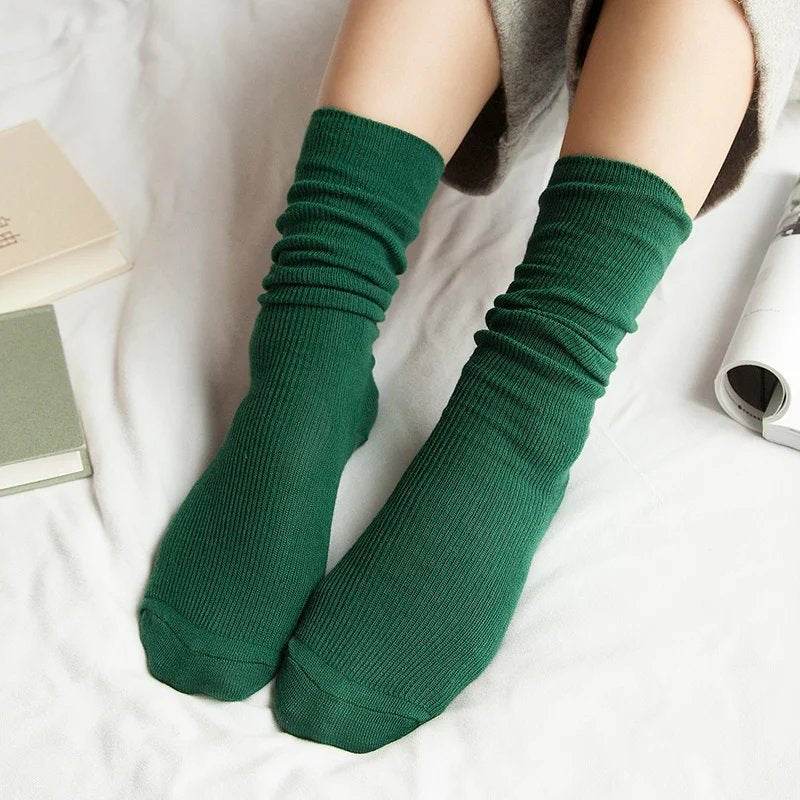 CHAOZHU  Japanese Korean High School Girls High Socks Loose Solid Colors Double Needles Knitting Cotton Long Socks For Women