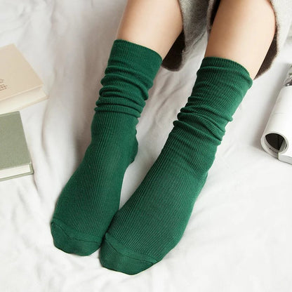 CHAOZHU  Japanese Korean High School Girls High Socks Loose Solid Colors Double Needles Knitting Cotton Long Socks For Women