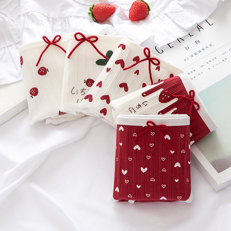 Giczi Cartoon Cotton Women's Panties Sweet Breathable Underwear Lovely Strawberry Briefs Girls Underpants Skin-Friendly Lingerie
