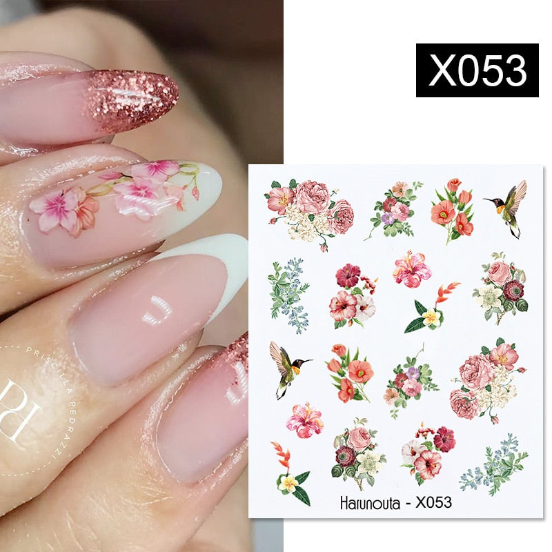 Harunouta Black Lines Flower Leaves Water Decals Stickers Floral Face Marble Pattern Slider For Nails Summer Nail Art Decoration