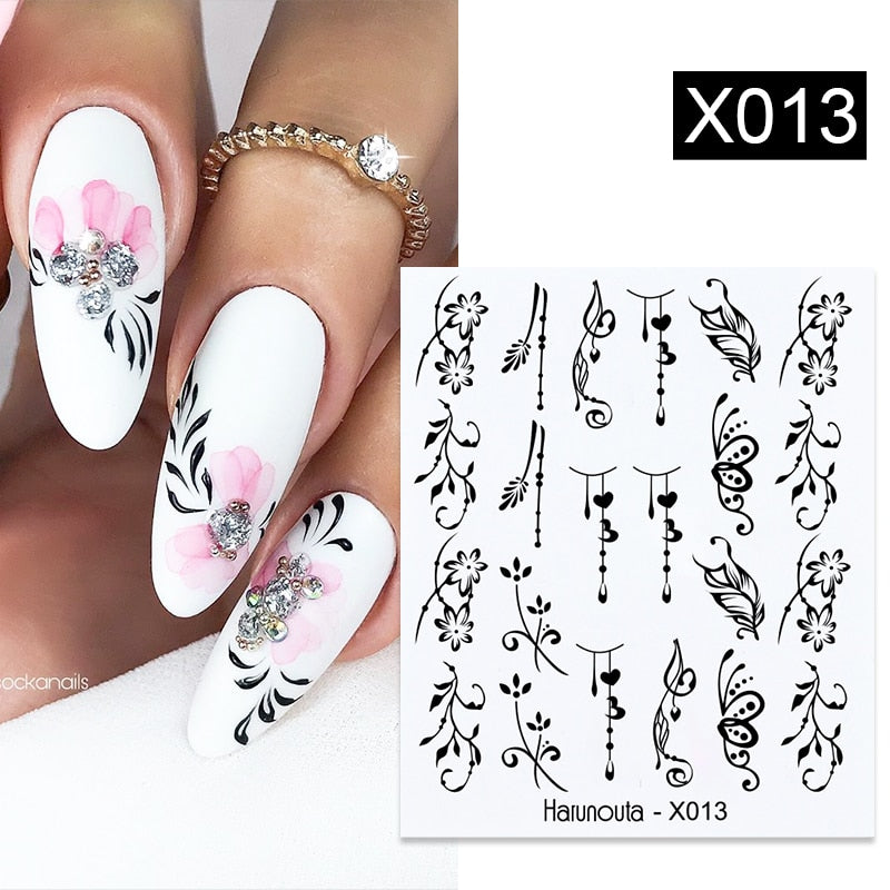 Harunouta Black Lines Flower Leaves Water Decals Stickers Floral Face Marble Pattern Slider For Nails Summer Nail Art Decoration