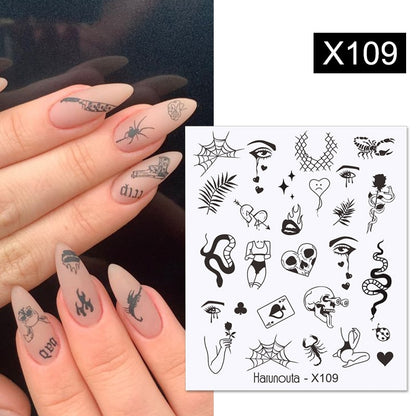 Harunouta Black Lines Flower Leaves Water Decals Stickers Floral Face Marble Pattern Slider For Nails Summer Nail Art Decoration