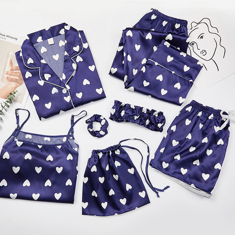 JULY'S SONG Pink 7 Pieces Women's Pajamas Sets Faux Silk Striped Pyjama Women's Pajamas Sleepwear Sets Spring Summer Homewear