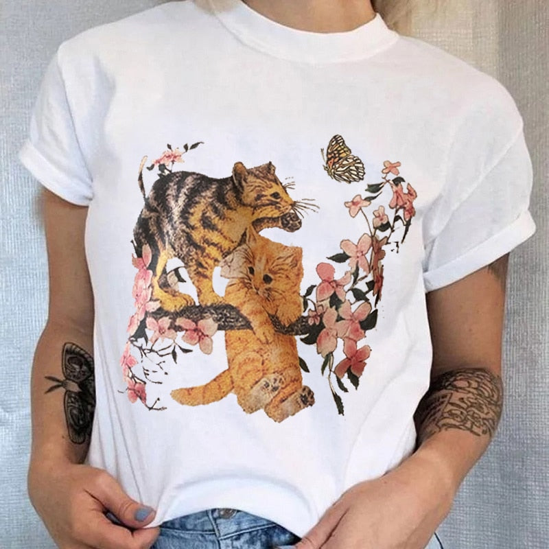 sunfiz Kawaii The Kitten Club Women T Shirt Streetwear White Cotton Short Sleeve Femme Oversized Graphic Tee Cute Grunge Tops
