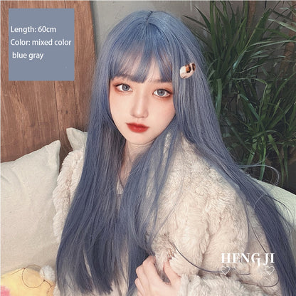 HOUYAN Long straight hair synthetic wig lady powder white bangs gray blue mixed color gradient cosplay lolita wig heat-resistant