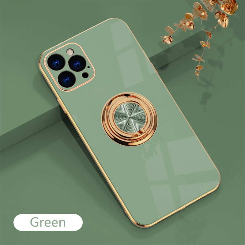 Luxury Plating Silicone Case For iPhone 14 13 12 11 Pro Xs Max Mini SE X XR 7 8 Plus Metal Ring Holder Stand Soft Phone Cover