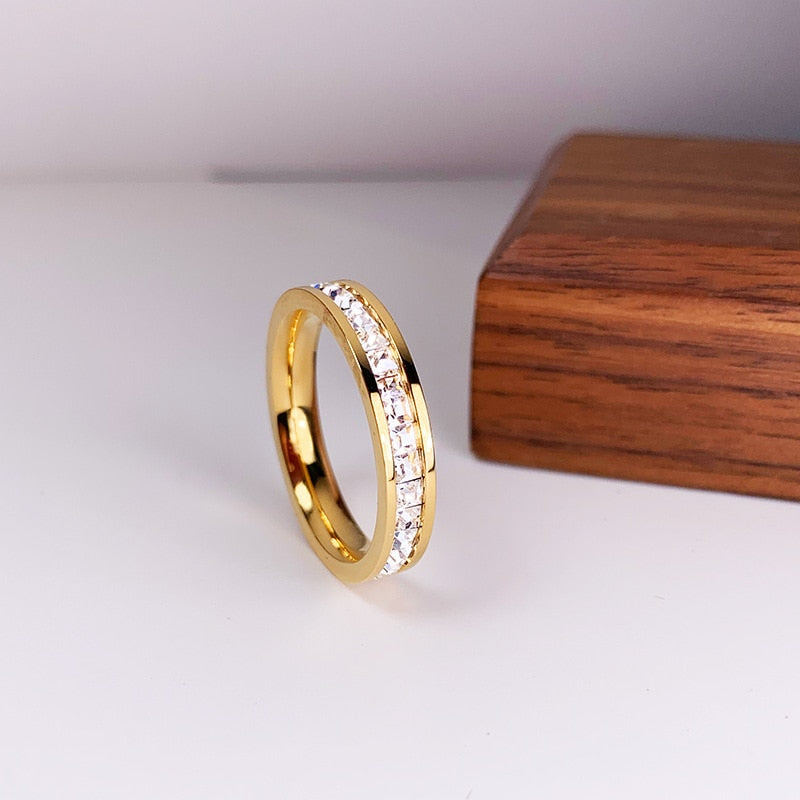 Luxury Rose Gold Color Double Row Square Zircon Stainless Steel Ring For Women Romantic Engageme Wedding Party Jewelry Female