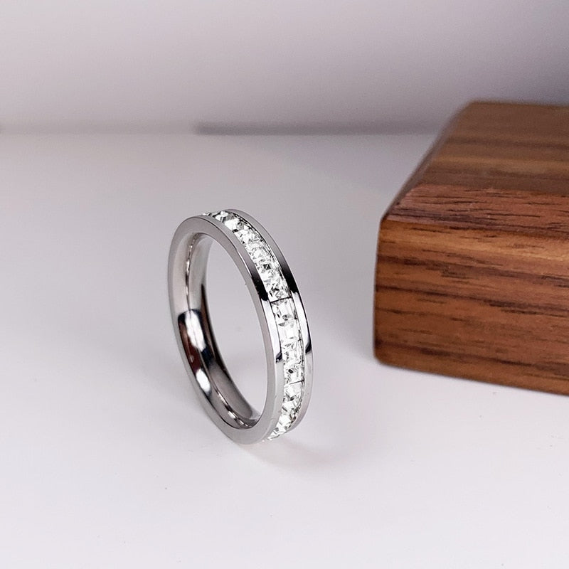 Luxury Rose Gold Color Double Row Square Zircon Stainless Steel Ring For Women Romantic Engageme Wedding Party Jewelry Female