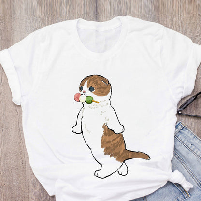 Women T-shirt Cute Cat Funny Cartoon T-shirt Harajuku Graphic Ulzzang T-shirt 90s Print T-shirt Fashion Aesthetic Top Tee Female