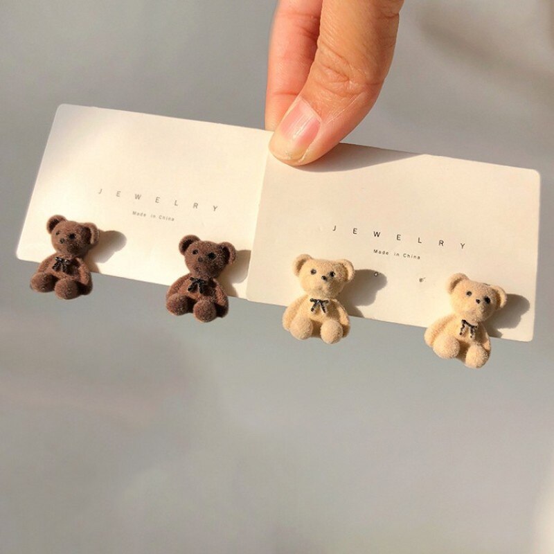 Bear Earrings for Women Girls Fashion Korea Silver Needle Autumn and Winter Earrings Cute Flocking Rabbit Ear Studs Jewelry