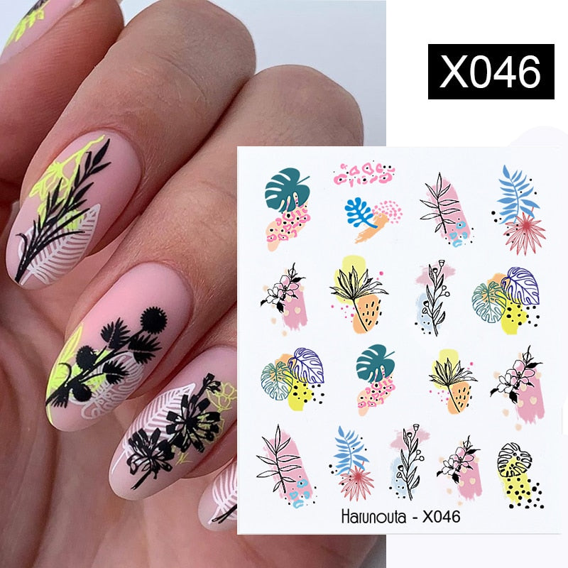 Harunouta Black Lines Flower Leaves Water Decals Stickers Floral Face Marble Pattern Slider For Nails Summer Nail Art Decoration