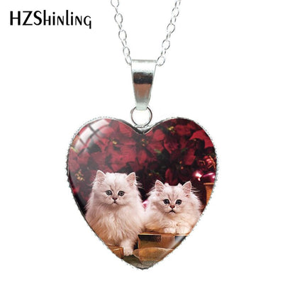 Cartoon Cats Patten Heart Shaped Glass Dome Necklace Fashion Cute Animal Handmade Crafts Jewelry