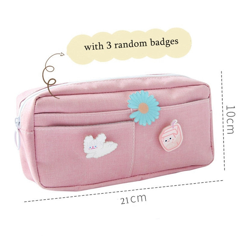 Kawaii Purple Canvas Pencil Case Cute Animal Badge Pink Pencilcases Large School Pencil Bags for Maiden Girl Stationery Supplies