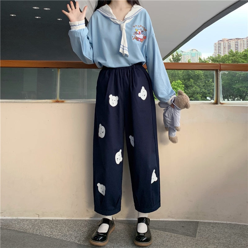 Japanese Kawaii  Soft Girl Cute Bear Printing Women Pants Basis Wild High Waist Loose Trousers Elastic Waist Casual Student Pant