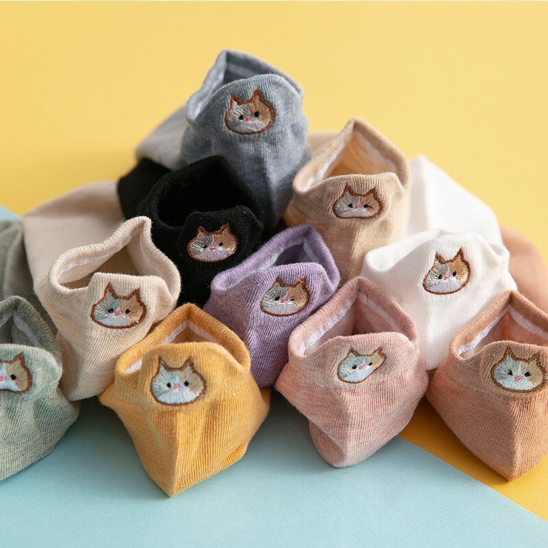 Anewmorn Cute Cat Cotton Boat Socks Woman's Embroidery Heel Ears Cartoon Socks Ins Fashion Kawaii Animal Girl Sokken