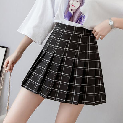 PEONFLY Sweet Women Pleated Skirt Fashion Plaid A-Line Mini High Waist Chic Skirt Kawaii Summer Casual Ladies Plaid Skirt