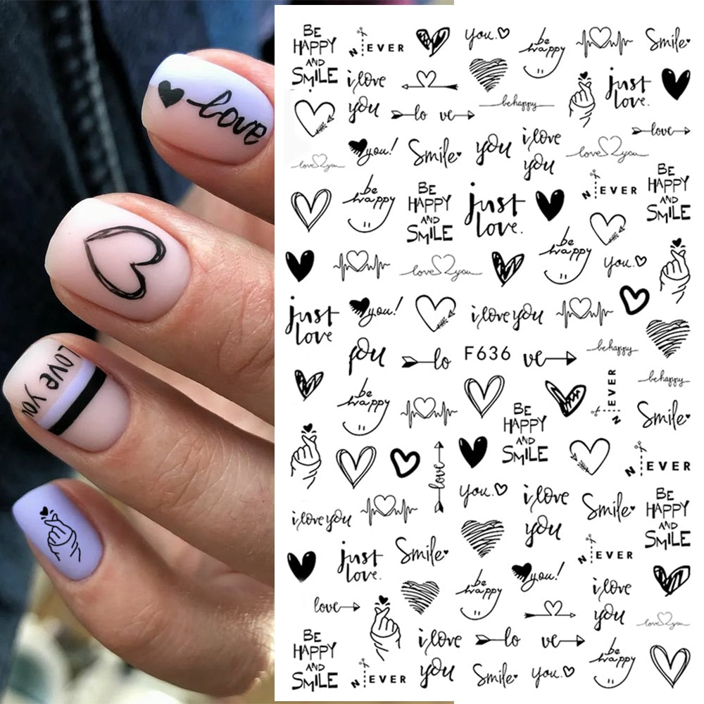 1pcs 3D Nail Sticker Black Heart Love Self-Adhesive Slider Letters Nail Art Decorations Stars Decals Manicure Accessories GLF740