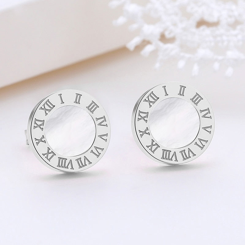 Korean Simple Statement Earrings Stainless Steel Stud Earrings For Women Vintage Roman Numeral Crystal Small Earing Jewelry