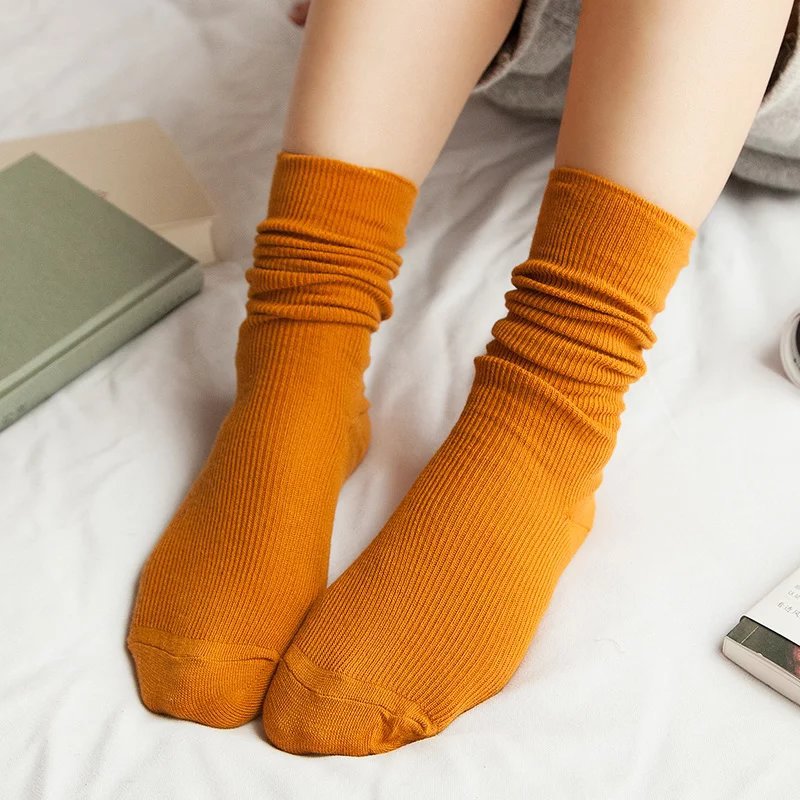 CHAOZHU  Japanese Korean High School Girls High Socks Loose Solid Colors Double Needles Knitting Cotton Long Socks For Women