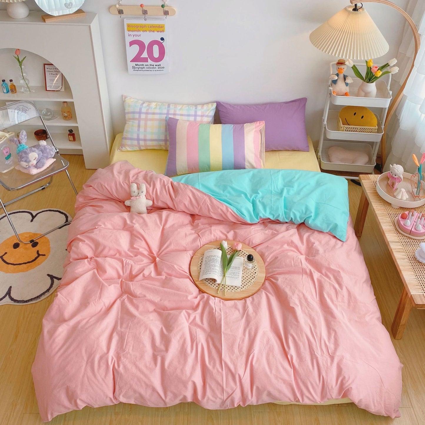 Kawaii Fashion Rainbow Bedding Set 100% Cotton Flat Bed Sheet And Pillowcases Luxury Korean Style Princess Full Queen Bed Sets