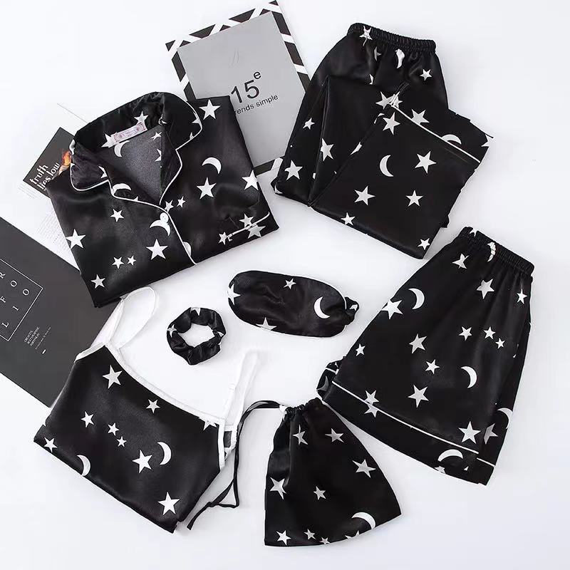 JULY'S SONG Pink 7 Pieces Women's Pajamas Sets Faux Silk Striped Pyjama Women's Pajamas Sleepwear Sets Spring Summer Homewear