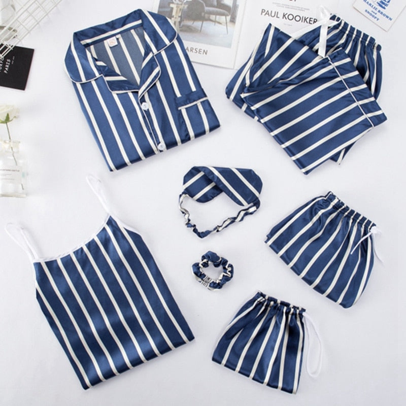 JULY'S SONG Pink 7 Pieces Women's Pajamas Sets Faux Silk Striped Pyjama Women's Pajamas Sleepwear Sets Spring Summer Homewear