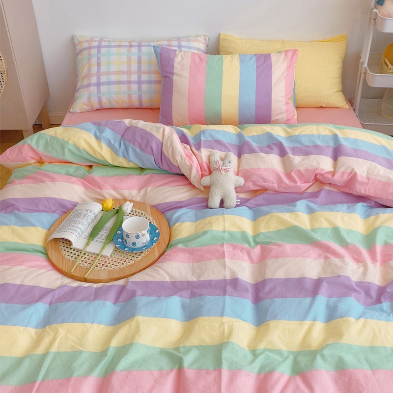 Kawaii Fashion Rainbow Bedding Set 100% Cotton Flat Bed Sheet And Pillowcases Luxury Korean Style Princess Full Queen Bed Sets