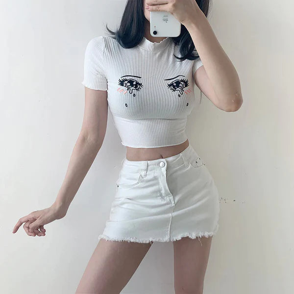 Sad Eyes Anime Girl Women's Crop Top Cute Ruffled Sleeves Limited Stock