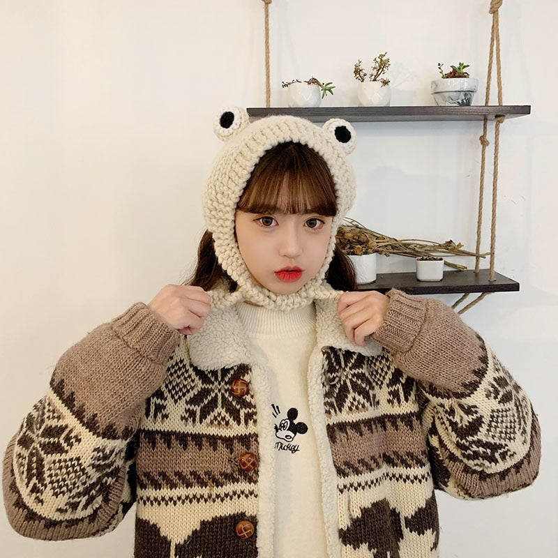 Fashion Frog Hat Beanies Knitted Winter Hat Solid Hip-hop Skullies Knitted Hat Cap Costume Accessory Gifts Warm Winter Bonnet