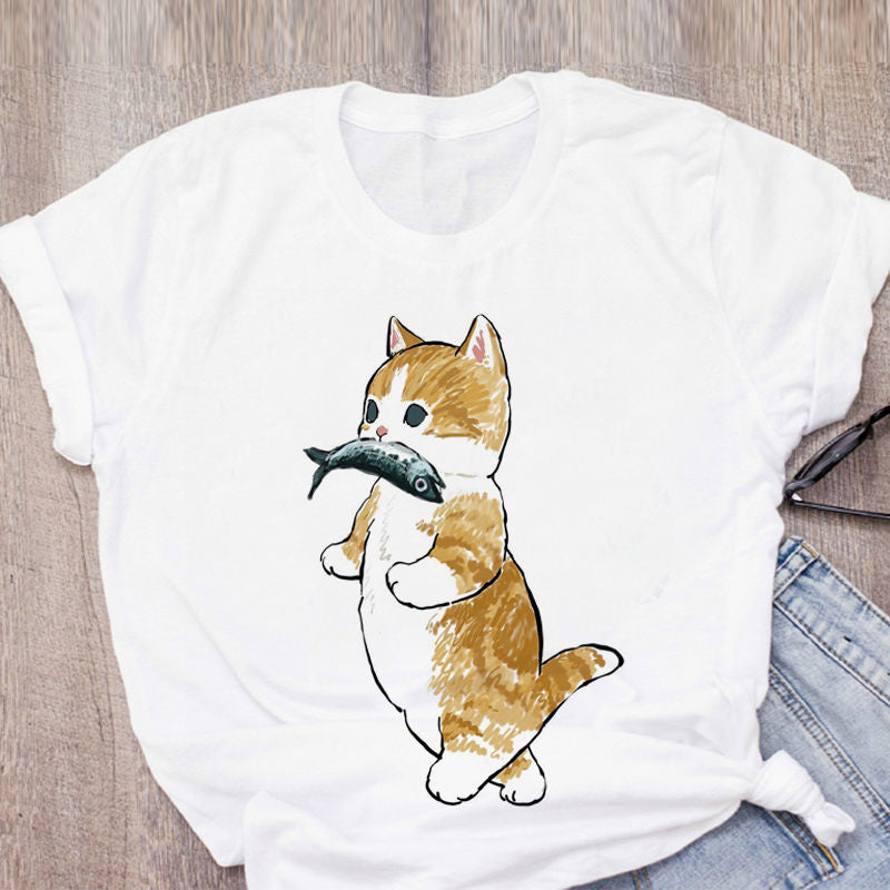 Women T-shirt Cute Cat Funny Cartoon T-shirt Harajuku Graphic Ulzzang T-shirt 90s Print T-shirt Fashion Aesthetic Top Tee Female