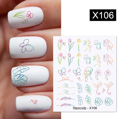 Harunouta Black Lines Flower Leaves Water Decals Stickers Floral Face Marble Pattern Slider For Nails Summer Nail Art Decoration