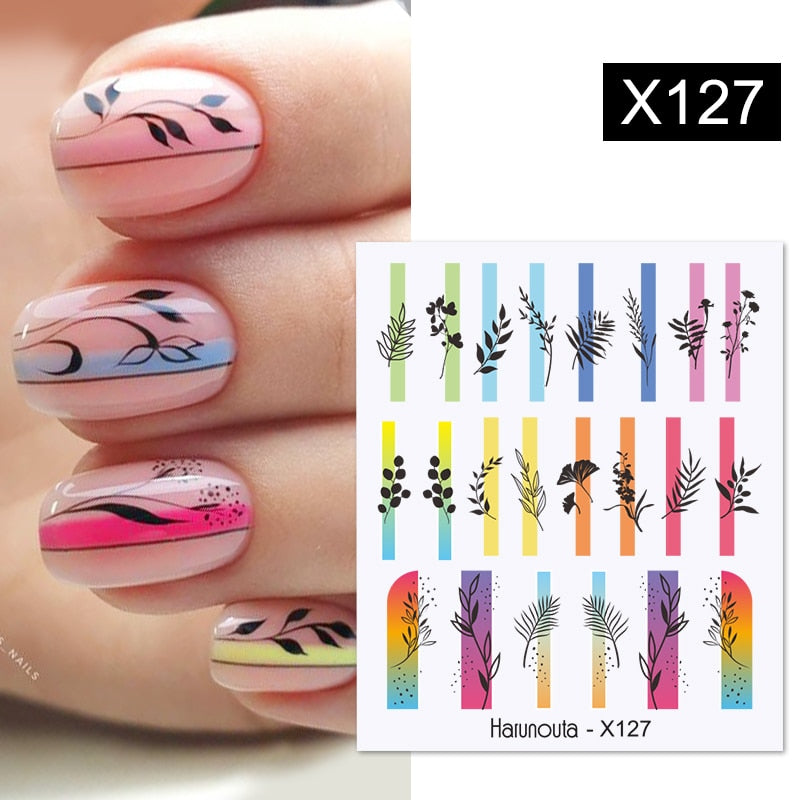 Harunouta Black Lines Flower Leaves Water Decals Stickers Floral Face Marble Pattern Slider For Nails Summer Nail Art Decoration