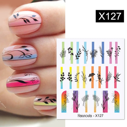 Harunouta Black Lines Flower Leaves Water Decals Stickers Floral Face Marble Pattern Slider For Nails Summer Nail Art Decoration