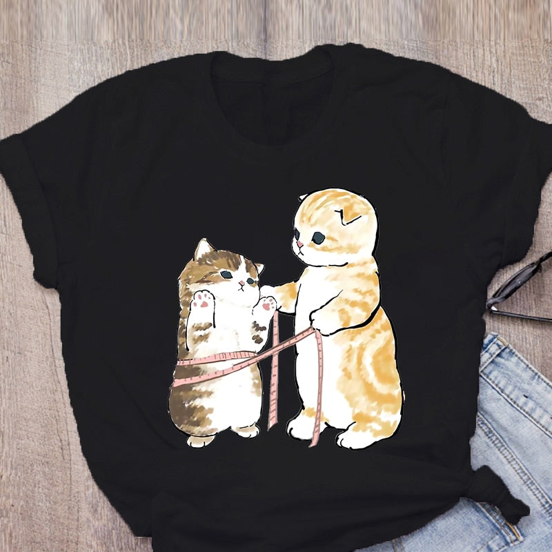 Women T-shirt Cute Cat Funny Cartoon T-shirt Harajuku Graphic Ulzzang T-shirt 90s Print T-shirt Fashion Aesthetic Top Tee Female