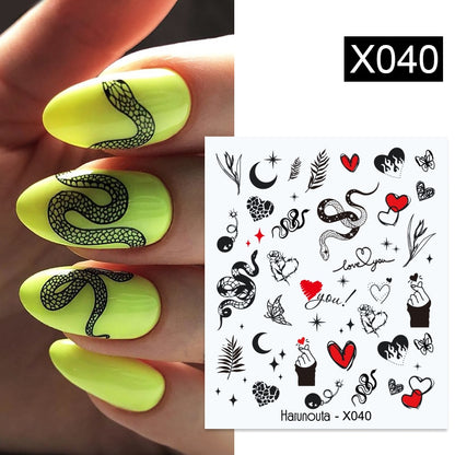 Harunouta Black Lines Flower Leaves Water Decals Stickers Floral Face Marble Pattern Slider For Nails Summer Nail Art Decoration